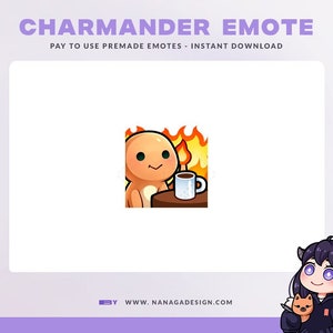 May include: A cartoon illustration of a Charmander character from the Pokemon franchise, with orange skin and a flame on its head, sitting at a table with a cup of coffee. The background is a purple gradient.