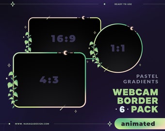 6 ANIMATED Green Gradient Webcam Border Pack, Webcam Overlays for Twitch, Youtube, Facebook - Soft Gradient, Stars, Moon, Cosmic, Plants