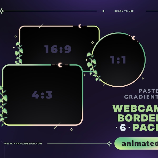 6 ANIMATED Green Gradient Webcam Border Pack, Webcam Overlays for Twitch, Youtube, Facebook - Soft Gradient, Stars, Moon, Cosmic, Plants
