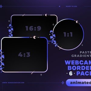 6 ANIMATED Blue Gradient Webcam Border Pack, Webcam Overlays für Twitch, Youtube, Facebook - Weicher Farbverlauf, Sterne, Mond, Cosmic, Pflanzen