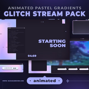 ANIMATED Pastel Glitch Stream Pack, Overlays, Stream Scenes, Alerts, Panels, Webcam Border for Twitch, Youtube, Facebook - Lavender Gradient