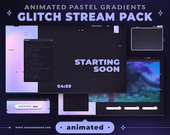 ANIMATED Pastel Glitch Stream Pack, Overlays, Stream Scenes, Alerts, Panels, Webcam Border for Twitch, Youtube, Facebook - Lavender Gradient