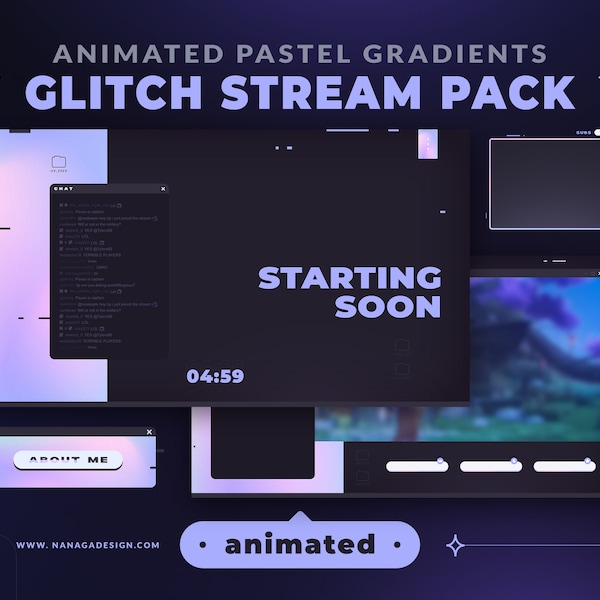 ANIMATED Pastel Glitch Stream Pack, Overlays, Stream Scenes, Alerts, Panels, Webcam Border for Twitch, Youtube, Facebook - Lavender Gradient