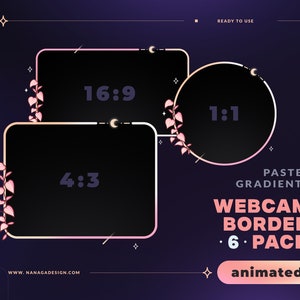 Può includere: Pacchetto di bordi animati per webcam con sfumature pastello rosa e oro. Il pacchetto include sei bordi diversi nei formati 16:9, 4:3 e 1:1. I bordi presentano un design floreale con foglie rosa e una luna crescente.