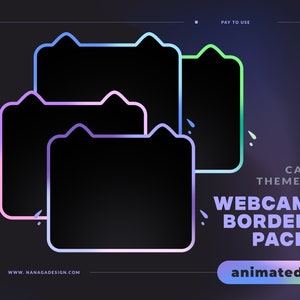 May include: Animated webcam border pack with a cat theme. The borders are in various colors, including pink, blue, and green. The text "PAY TO USE" is in the top right corner. The text "CAT THEMED WEBCAM BORDER PACK animated" is in the bottom right corner.