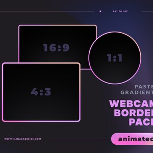 Puede incluir: Paquete de bordes de cámara web animados con degradados pastel en proporciones 16:9, 4:3 y 1:1. El texto "PASTEL GRADIENTS WEBCAM BORDER PACK animated" se muestra en la imagen.