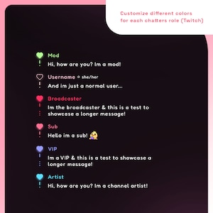 May include: A graphic showing different chat roles on Twitch with their corresponding colors and messages. The roles include Mod, Username, Broadcaster, Sub, VIP, and Artist.