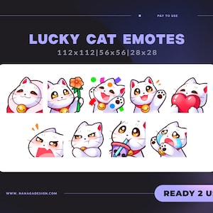 Paquete de gestos LUCKY CAT - BLANCO Maneki Neko - Streamer Graphics Emotes para Twitch, Youtube, Discord