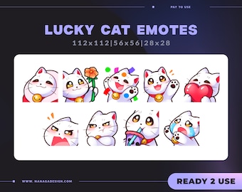 LUCKY CAT emote pack - WHITE Maneki Neko - Streamer Graphics Emotes for Twitch, Youtube, Discord