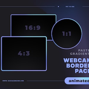 Puede incluir: Una ilustración digital de tres relaciones de aspecto diferentes para bordes de cámara web. Los bordes están delineados en un degradado azul pastel y morado. Las relaciones de aspecto son 16:9, 1:1 y 4:3. El texto "PASTEL GRADIENTS WEBCAM BORDER PACK animated" se muestra debajo de los bordes.
