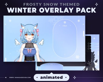 Animated Winter Snow Stream Overlay Pack: Icy Blue Twitch VTuber Assets