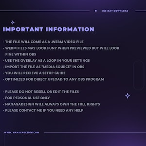 Puede incluir: Una superposici&oacute;n de texto morado y blanco sobre un fondo morado oscuro con el t&iacute;tulo "Informaci&oacute;n importante" y una lista de instrucciones para usar un archivo de video .WEBM. El texto incluye la direcci&oacute;n del sitio web "www.nanagadesign.com".