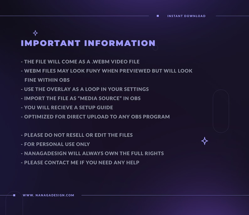 Puede incluir: Una superposici&oacute;n de texto morado y blanco sobre un fondo morado oscuro con el t&iacute;tulo "Informaci&oacute;n importante" y una lista de instrucciones para usar un archivo de video .WEBM. El texto incluye la direcci&oacute;n del sitio web "www.nanagadesign.com".