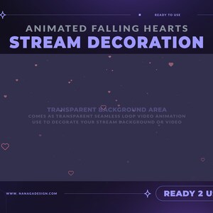 Puede incluir: Decoraci&oacute;n de transmisi&oacute;n de corazones animados que caen. Un fondo morado con corazones rosas que caen desde la parte superior de la pantalla. El texto "TRANSPARENT BACKGROUND AREA" est&aacute; en el centro de la pantalla. El texto "COMES AS TRANSPARENT SEAMLESS LOOP VIDEO ANIMATION" est&aacute; debajo de la primera l&iacute;nea de texto. El texto "USE TO DECORATE YOUR STREAM BACKGROUND OR VIDEO" est&aacute; debajo de la segunda l&iacute;nea de texto. El texto "WWW.NANAGADESIGN.COM" est&aacute; en la esquina inferior izquierda de la pantalla. El texto "READY 2 USE" est&aacute; en la esquina inferior derecha de la pantalla.