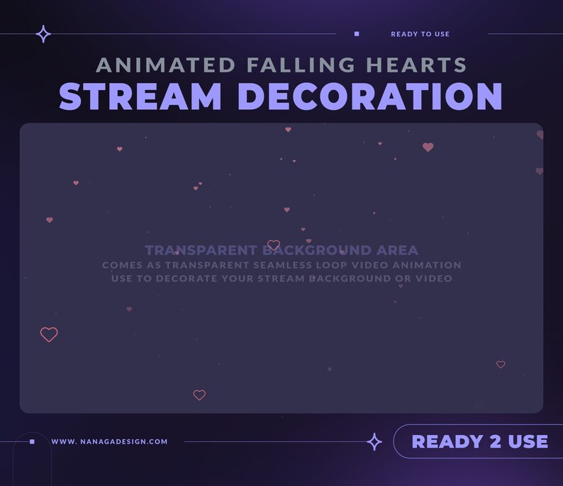 Puede incluir: Decoraci&oacute;n de transmisi&oacute;n de corazones animados que caen. Un fondo morado con corazones rosas que caen desde la parte superior de la pantalla. El texto "TRANSPARENT BACKGROUND AREA" est&aacute; en el centro de la pantalla. El texto "COMES AS TRANSPARENT SEAMLESS LOOP VIDEO ANIMATION" est&aacute; debajo de la primera l&iacute;nea de texto. El texto "USE TO DECORATE YOUR STREAM BACKGROUND OR VIDEO" est&aacute; debajo de la segunda l&iacute;nea de texto. El texto "WWW.NANAGADESIGN.COM" est&aacute; en la esquina inferior izquierda de la pantalla. El texto "READY 2 USE" est&aacute; en la esquina inferior derecha de la pantalla.