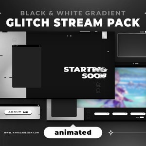 Peut inclure: Pack de diffusion en continu avec glitch noir et blanc animé avec un écran "démarrage imminent", une section "à propos de moi" et un bouton d'abonnement. Le texte "animé" est dans une bulle de dialogue blanche.