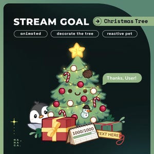 Puede incluir: Un árbol de Navidad de dibujos animados con luces, adornos y bastones de caramelo. Un pingüino asoma por detrás del árbol. Una barra de progreso muestra 1000/1000. El texto "¡Gracias, Usuario!" está en un bocadillo de diálogo. El texto "TEXT HERE" está en una caja verde.