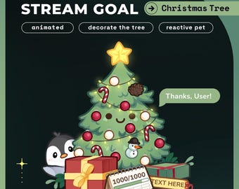 May include: A cartoon Christmas tree with lights, ornaments, and candy canes. A penguin is peeking out from behind the tree. A progress bar shows 1000/1000. The text "Thanks, User!" is in a speech bubble. The text "TEXT HERE" is on a green box.