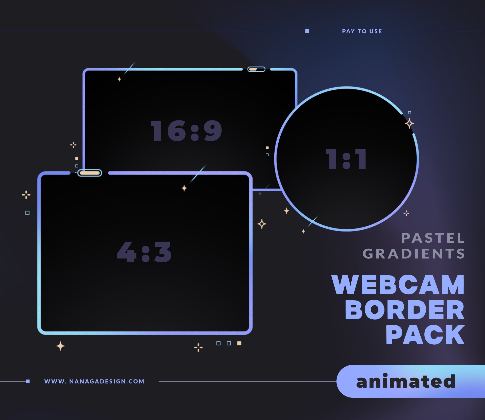 ANIMATED Pastel Blue Gradient Webcam Border Pack, Webcam Overlays for Twitch, Youtube, Facebook - Soft Gradient, Stars, Cosmic