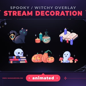 アニメーション化された不気味なストリーム装飾 - ハロウィーン、魔女、ゴースト ストリーム アドオン オーバーレイ | 美的 | Twitch Youtube 用のカスタム Vtuber アセット