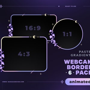 6 ANIMATED Purple Gradient Webcam Border Pack, Webcam Overlays for Twitch, Youtube, Facebook - Soft Gradient, Stars, Moon, Cosmic, Plants