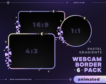 6 ANIMATED Purple Gradient Webcam Border Pack, Webcam Overlays for Twitch, Youtube, Facebook - Soft Gradient, Stars, Moon, Cosmic, Plants
