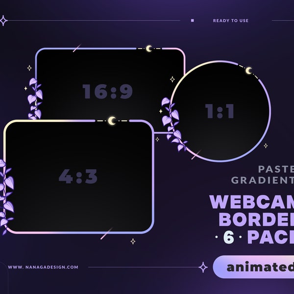 6 ANIMATED Purple Gradient Webcam Border Pack, Superpositions webcam pour Twitch, Youtube, Facebook - Soft Gradient, Stars, Moon, Cosmic, Plantes