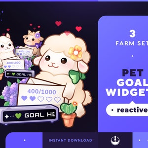 May include: A set of three animated pet goal widgets featuring a sheep, an alpaca, and a llama. Each widget has a progress bar with hearts and a counter that reads "400/1000". The widgets are designed to be used as a visual representation of progress towards a goal. The text "3 FARM SET" and "PET GOAL WIDGETS" is displayed in the image. The text "reactive" is also displayed in the image.