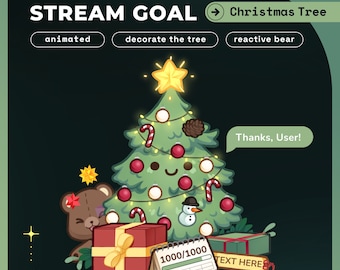 May include: A cartoon Christmas tree with ornaments, lights, and candy canes. A teddy bear with a red bow sits next to the tree. A calendar with a progress bar shows 1000/1000. The text "Thanks, User!" is in a speech bubble. The text "TEXT HERE" is on a green box.