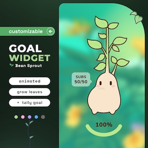 May include: A digital graphic of a bean sprout goal widget. The widget features a cartoon bean sprout with leaves, a progress bar at 100%, and text that reads "GOAL WIDGET" and "Bean Sprout". Additional text includes "animated", "grow leaves", and "+ tally goal".