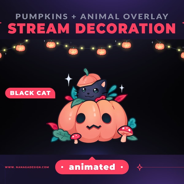 ANIMATED Cat Pumpkin Lights Stream Decoration - Cute Spooky Halloween Black Cat Stream Overlay | Custom Vtuber Assets for Twitch Youtube