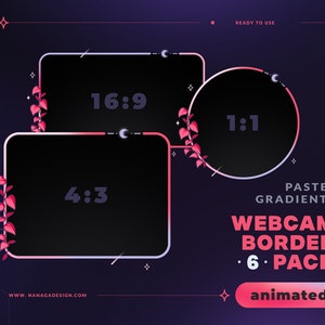 May include: Animated webcam border pack with pastel gradients in pink and blue. The pack includes six different border designs in 16:9, 4:3, and 1:1 aspect ratios. The borders feature a floral design with pink leaves and a crescent moon.