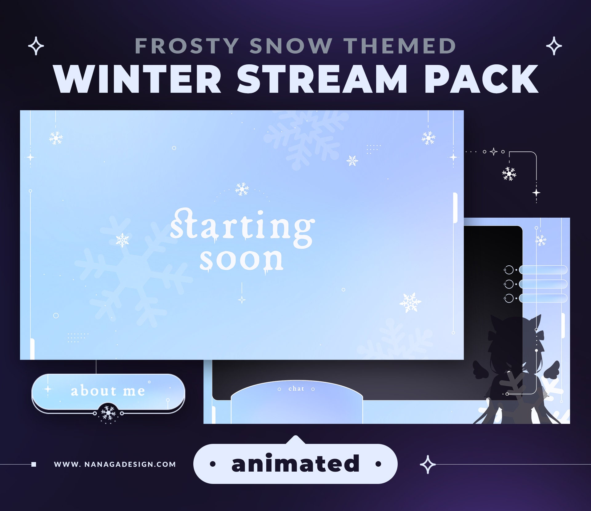 ANIMATED Stream Pack - Superposiciones de nieve / contracción invernal, escenas, alertas, transición, paneles, borde de cámara web y activos de VTuber / azul helado mínimo