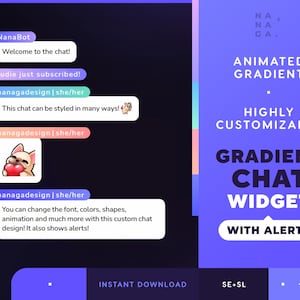 May include: A purple and blue gradient chat widget with the text "Animated Gradient" and "Highly Customizable Gradient Chat Widget with Alerts". The widget has a cartoon dog with a heart in its mouth.
