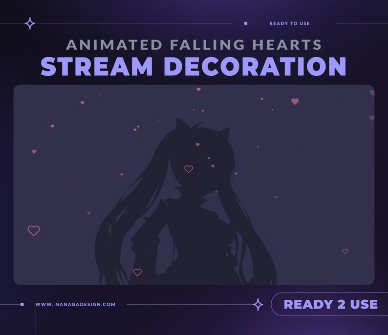 Puede incluir: Superposici&oacute;n animada para transmisi&oacute;n con la silueta de una persona con cabello largo y una cara en forma de coraz&oacute;n. Corazones rosas caen desde la parte superior de la pantalla, creando un efecto rom&aacute;ntico y fant&aacute;stico. El texto "Animated Falling Hearts Stream Decoration" se muestra en la parte superior de la imagen.