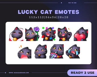 LUCKY CAT emote pack - BLACK Maneki Neko - Streamer Graphics Emotes for Twitch, Youtube, Discord