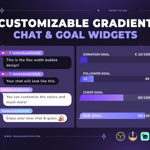Op de afbeelding: Een aanpasbare gradiënt chat- en doelwidgetset voor Twitch-streamers. De widgets hebben een paarse en blauwe gradiënt met witte tekst. De tekst bevat "Donatie Doel", "Volger Doel", "Cheer Doel" en "Abonnement Doel".