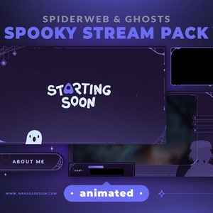 ANIMATED Stream Pack - Spooky Halloween | Twitch Overlays, Scenes, Alerts, Transition, Panels, Webcam Border & VTuber Assets | Cobweb Ghost