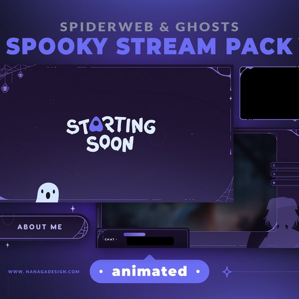 ANIMATED Stream Pack - Spooky Halloween / Twitch Overlays, Escenas, Alertas, Transición, Paneles, Webcam Border & VTuber Assets / Cobweb Ghost