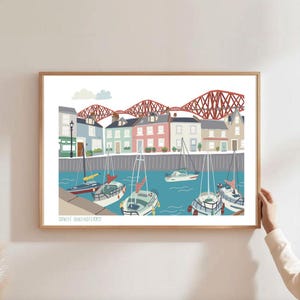 South Queensferry Harbour Colourful Illustrated Art Print - UK Design