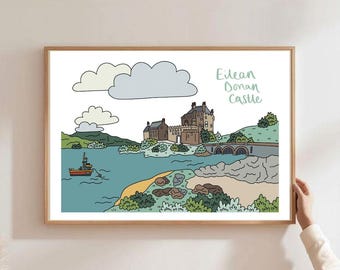 Eilean Donan Castle Scotland Colourful Illustrated Art Print - UK Design