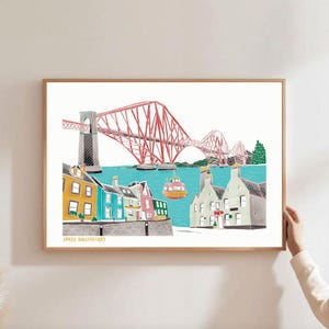 South Queensferry Forth Bridge Colourful Illustrated Art Print - UK Design