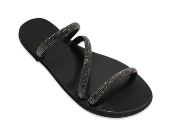 Leather black insole sandals with black glitter straps/ club sandals