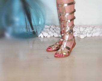 Leather handmade Greek gold gladiator Sandals/ knee cuff/summer boots