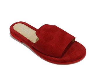 Rote Wildleder Sandalen mit weicher Sohle, anatomische Schuhe, rote Sommerschuhe, Schuhe für sie, Dias