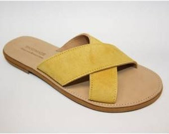 Suede blue red tirquise grey yellow leather handmade Greek Sandals, criss cross