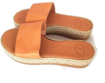 Sandales marron, sandales à plateforme en cuir, fabriquées à partir de 100 % cuir véritable, sandales à plateforme espadrille, sandales grecques/sandales à glissière en cuir