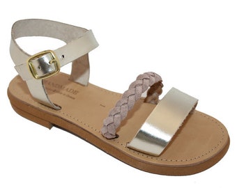 Leather handmade silver pink Greek Sandals for kids/ancient greek sandals