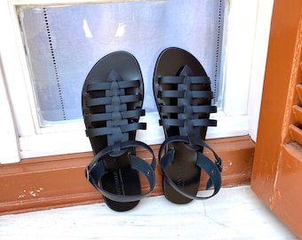 Leather handmade black Greek Sandals/gladiators strappy sandals/ankle cuff/tyre up shoes/summer shoes