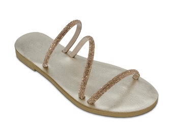 Leather sandals with blue glitter straps handmade in Greece